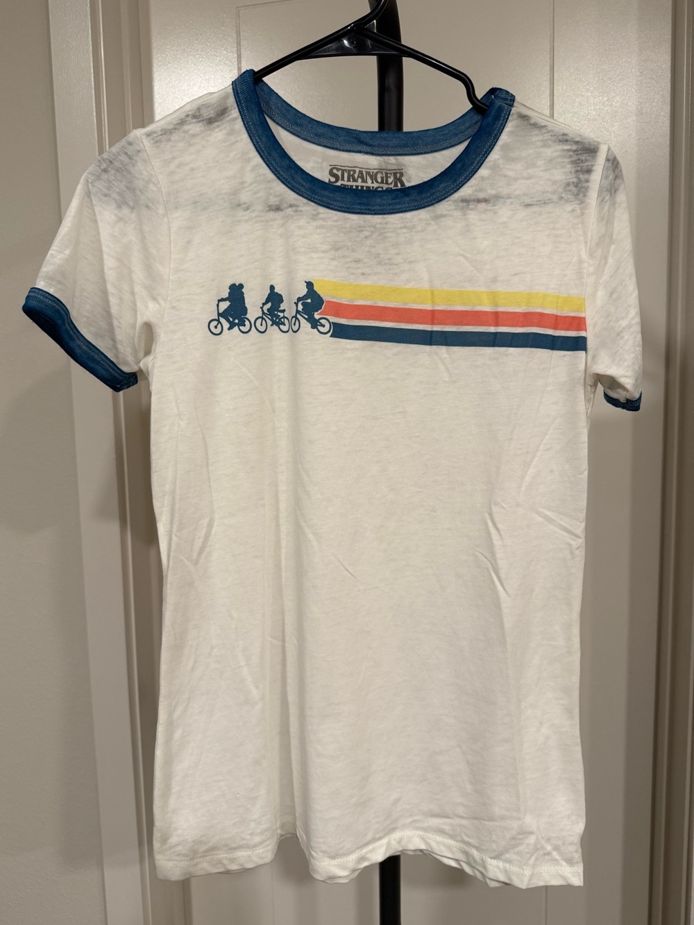 Women’s White burnout Stranger Things Ringer Tee with Blue Trim